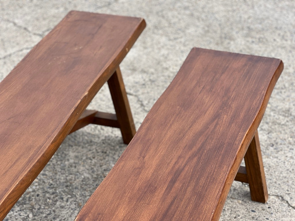 Paire de bancs vintage en bois massif 1960