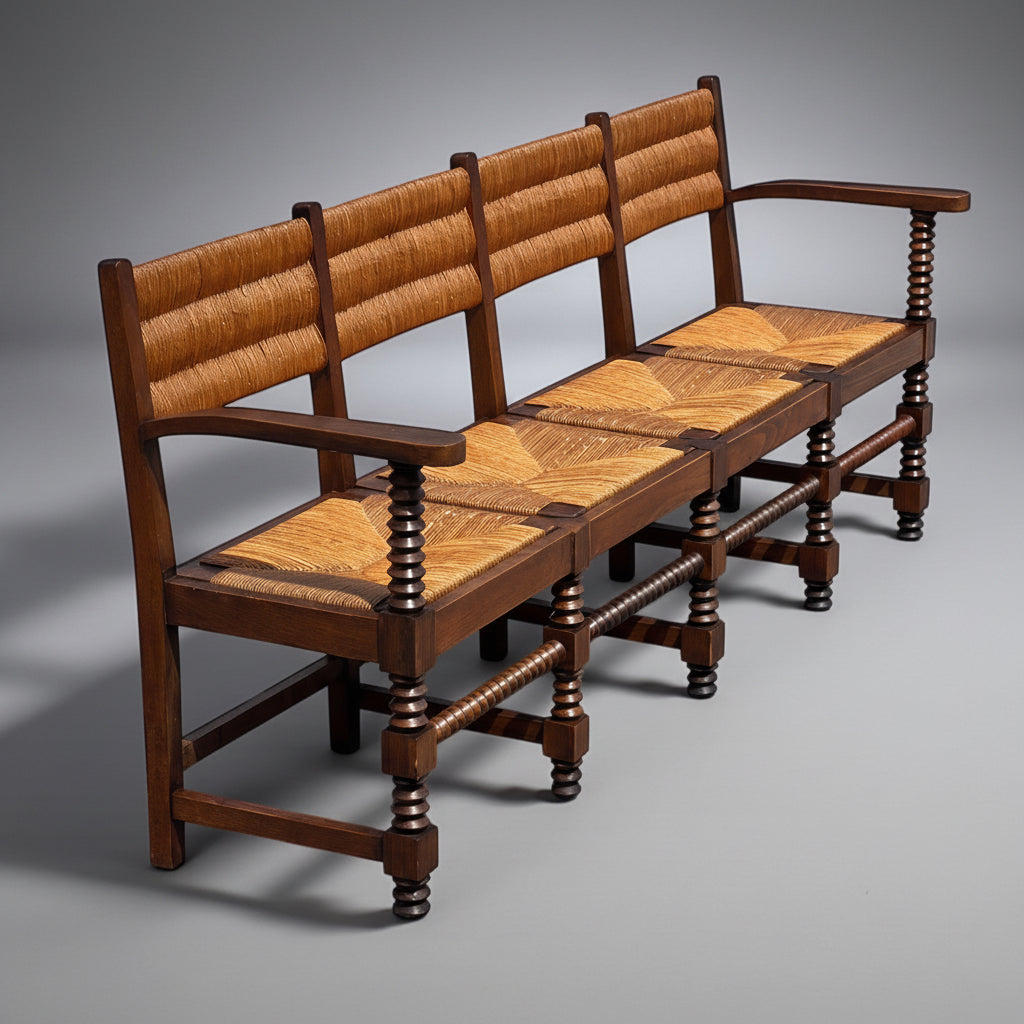 Banc en chêne massif et paille travail français 1940