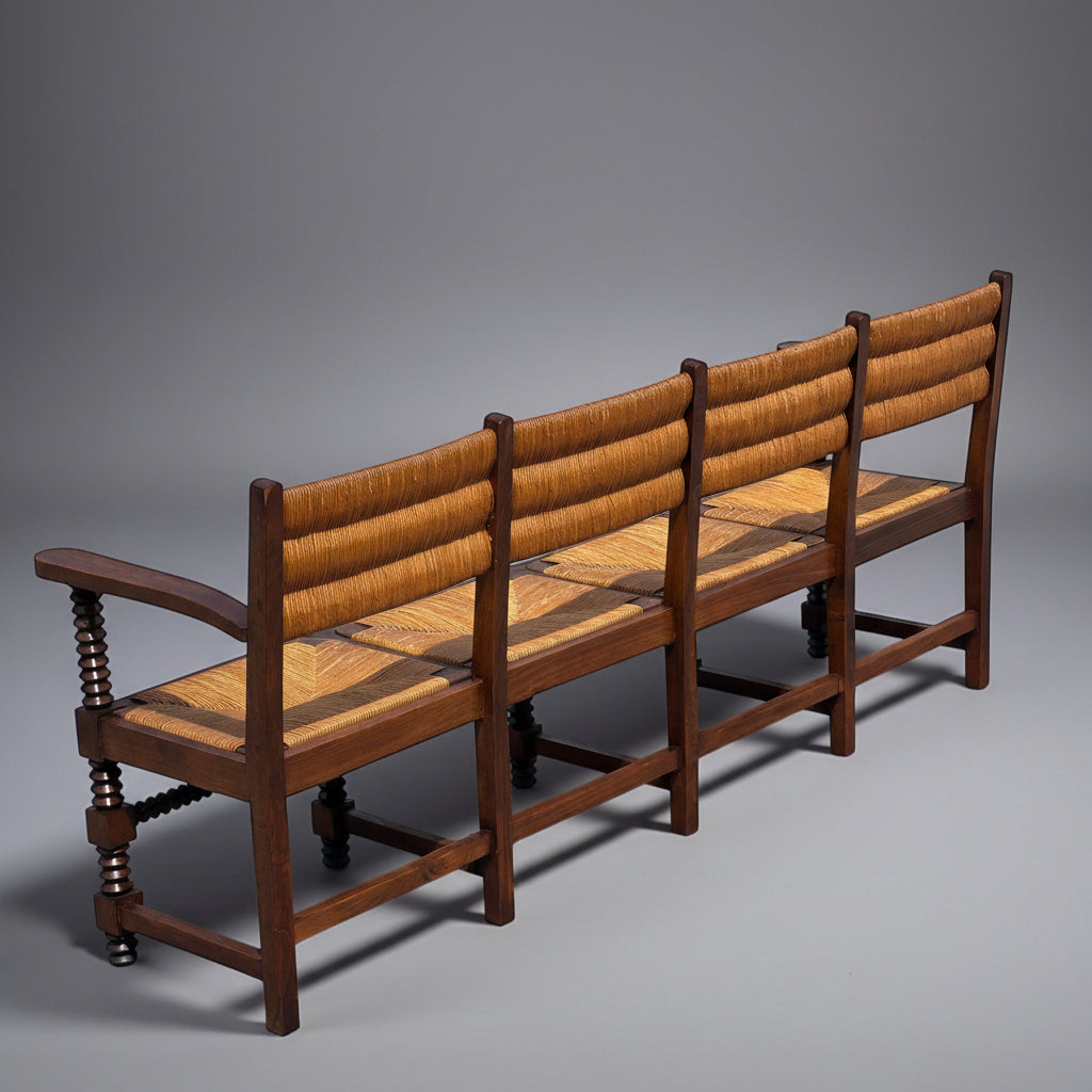 Banc en chêne massif et paille travail français 1940