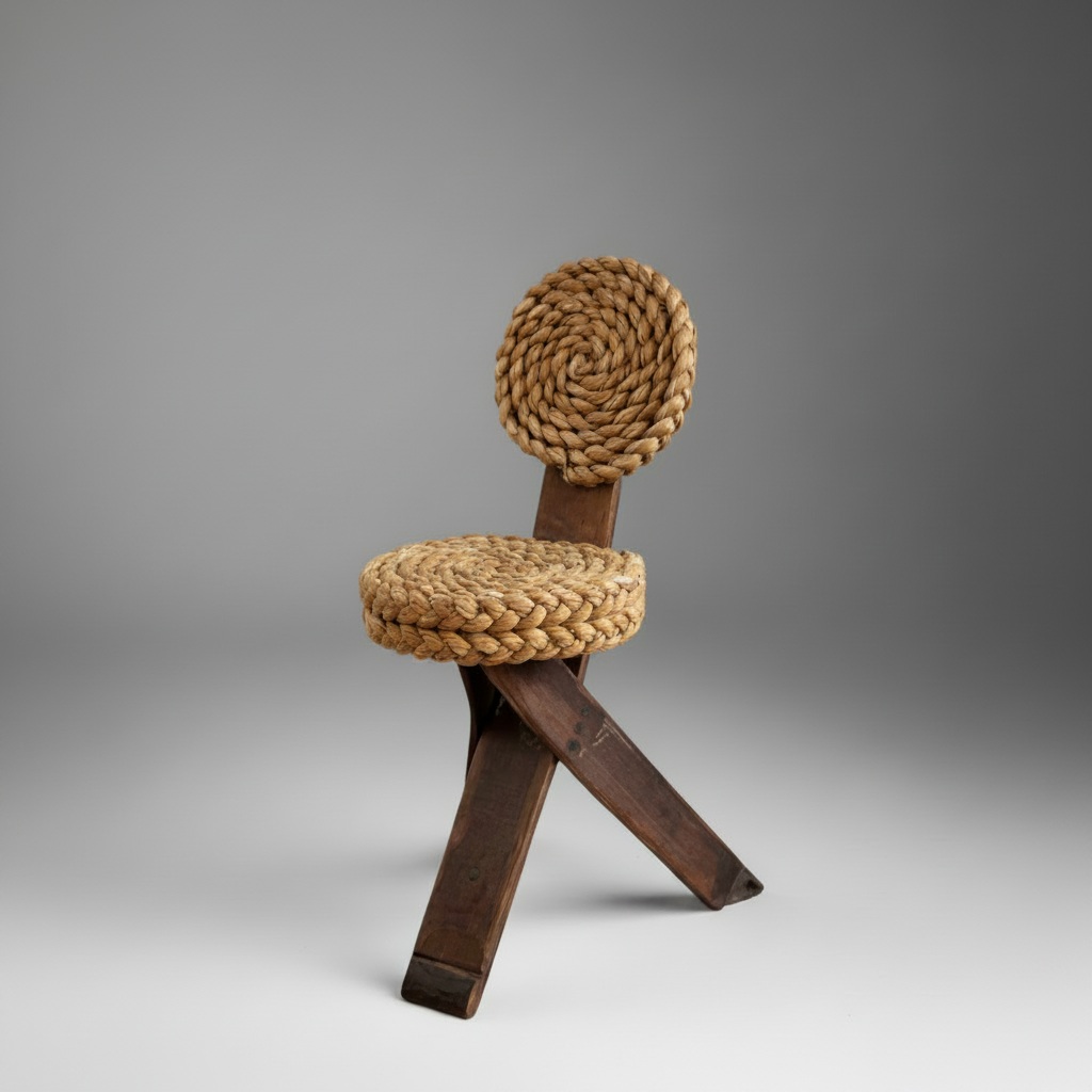 Chaise Audoux & Minet, France, 1950, en raphia tressé et bois