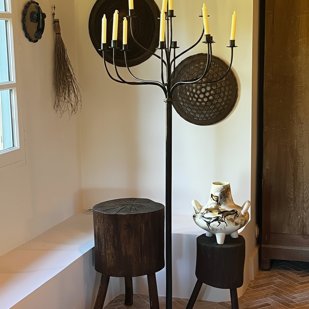 Chandelier de sol ou Landier à 13 feux en fer forgé, art populaire français XXème