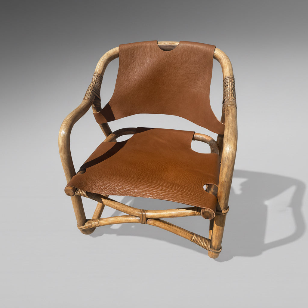 Fauteuil safari en bambou et cuir, Danemark, années 1960