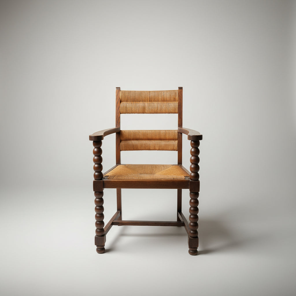 Fauteuil en chêne teinté et paille, travail français 1950