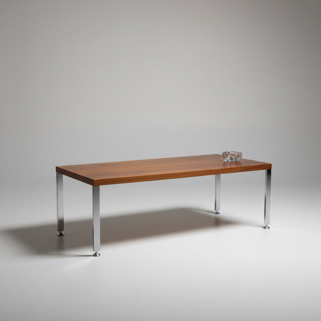 Table basse design dans le goût de Knoll en métal chromé et teck 1970