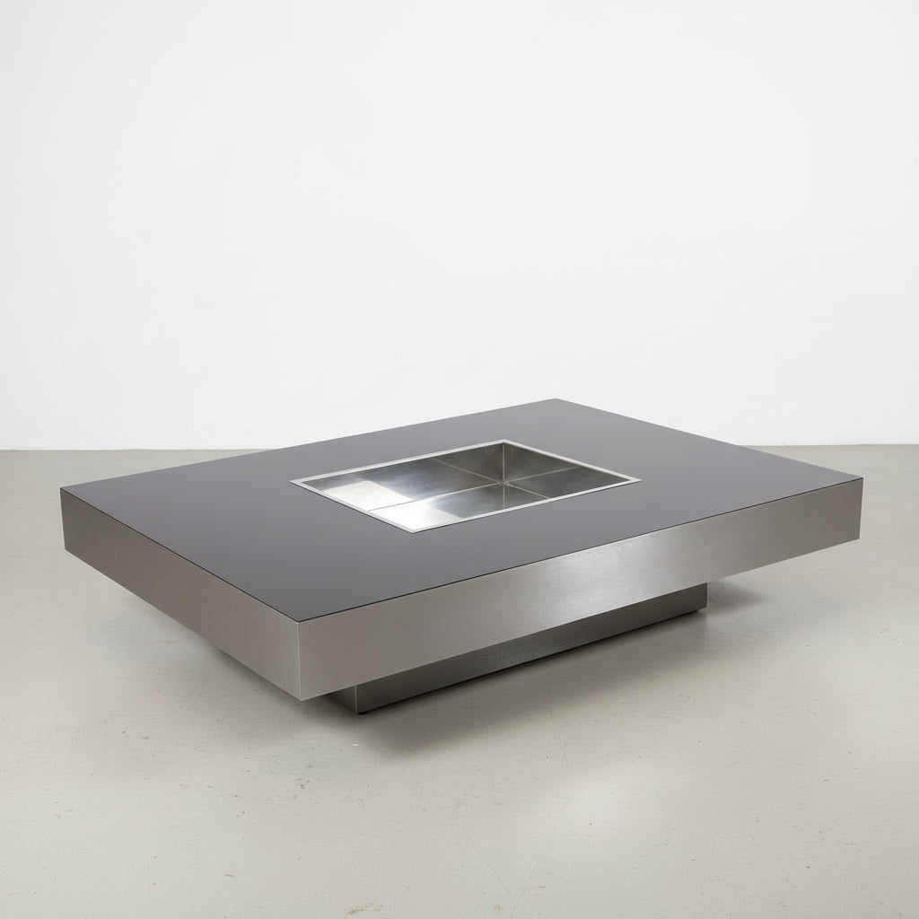 Table basse Willy Rizzo marron et acier brossé, Design Italien 1970