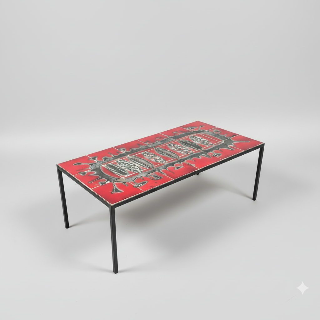 Table basse en céramique et métal 1960 dans le goût de Roger Capron