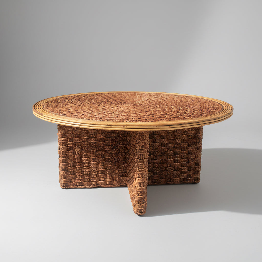 Table basse en corde tressée et rotin, style Audoux-Minet, 1970