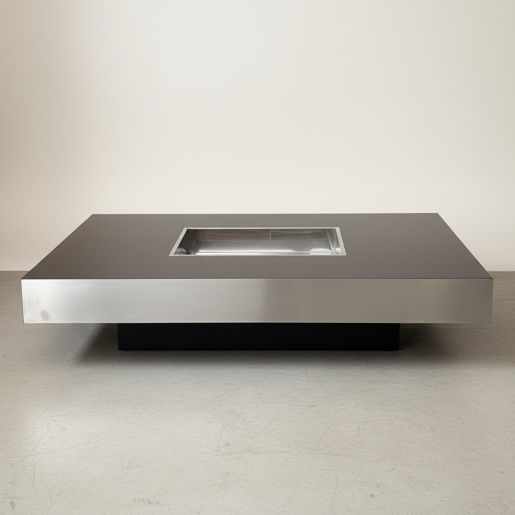 Table basse Willy Rizzo marron et acier brossé, Design Italien 1970