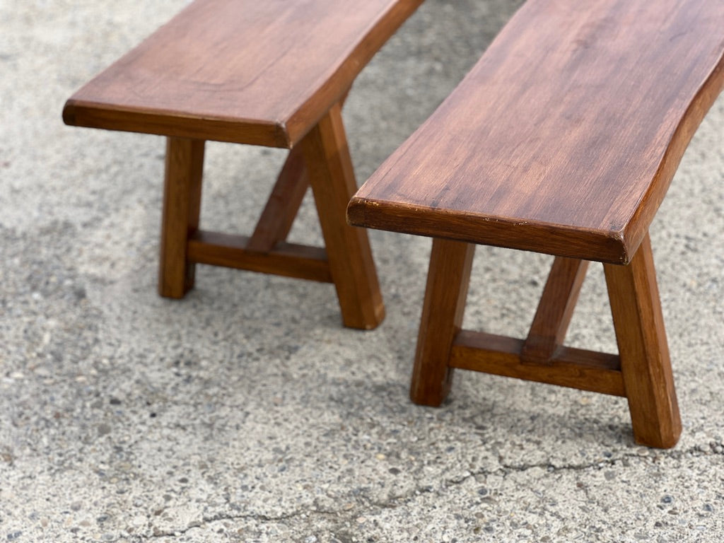 Paire de bancs vintage en bois massif 1960