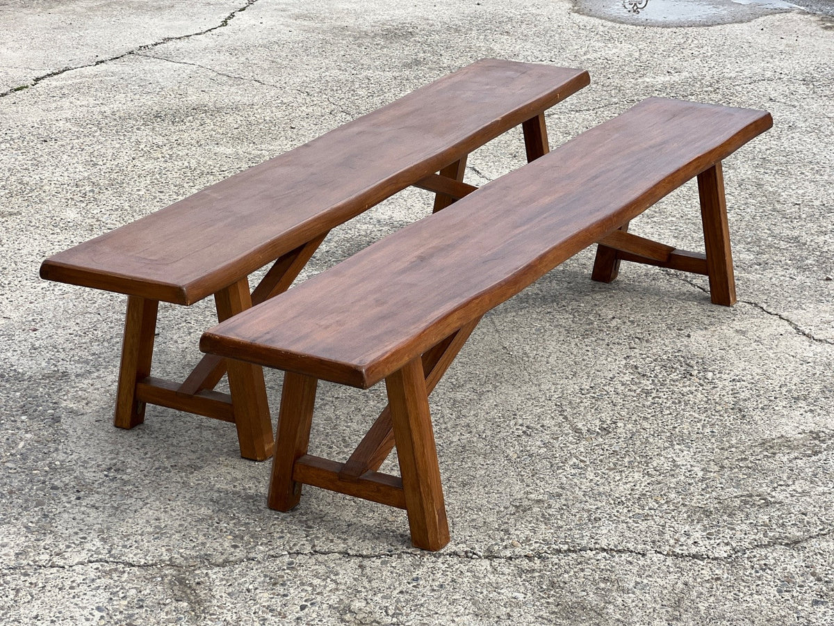 Paire de bancs vintage en bois massif 1960