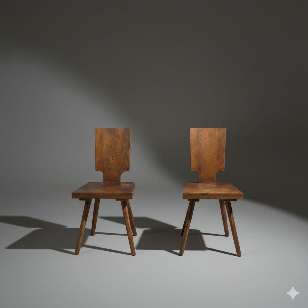 Paire de chaises de chalet en chêne massif brutaliste 1960