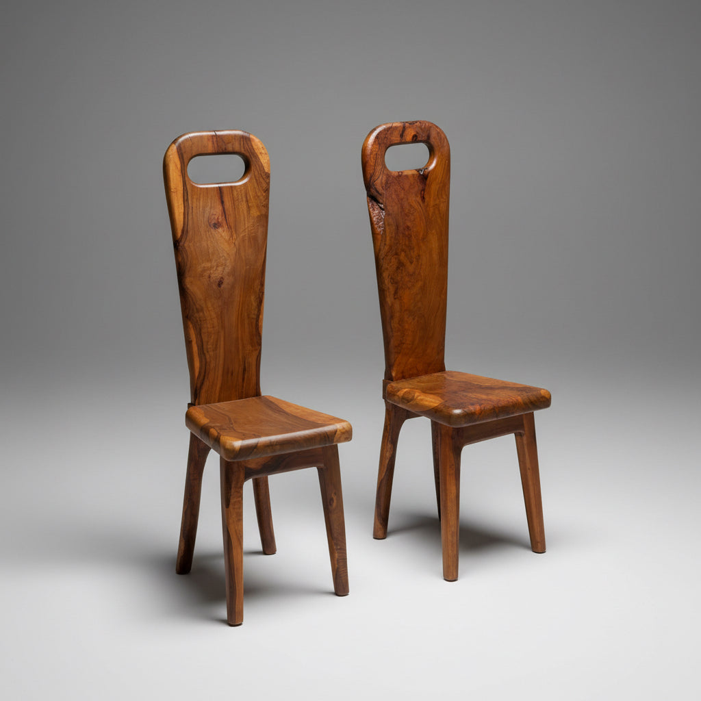 Ensemble de 6 chaises sculpturales en olivier massif, France, années 1960