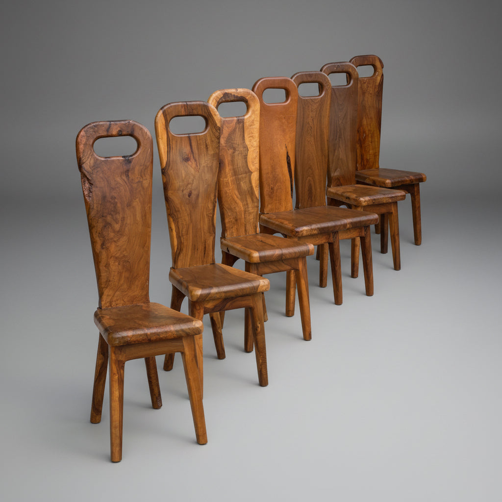 Ensemble de 6 chaises sculpturales en olivier massif, France, années 1960