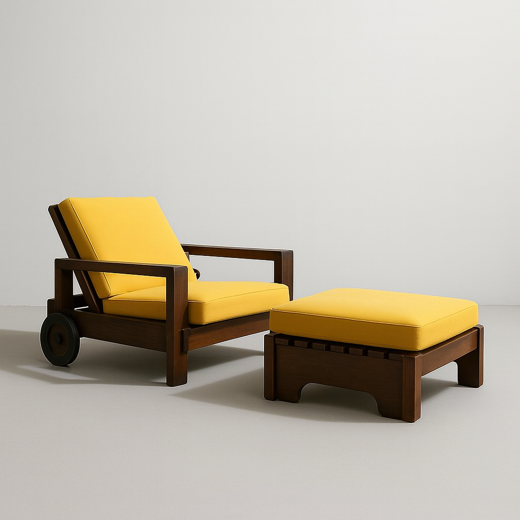 Fauteuil en bois avec son ottoman, attribué aux Editions Asko 1965