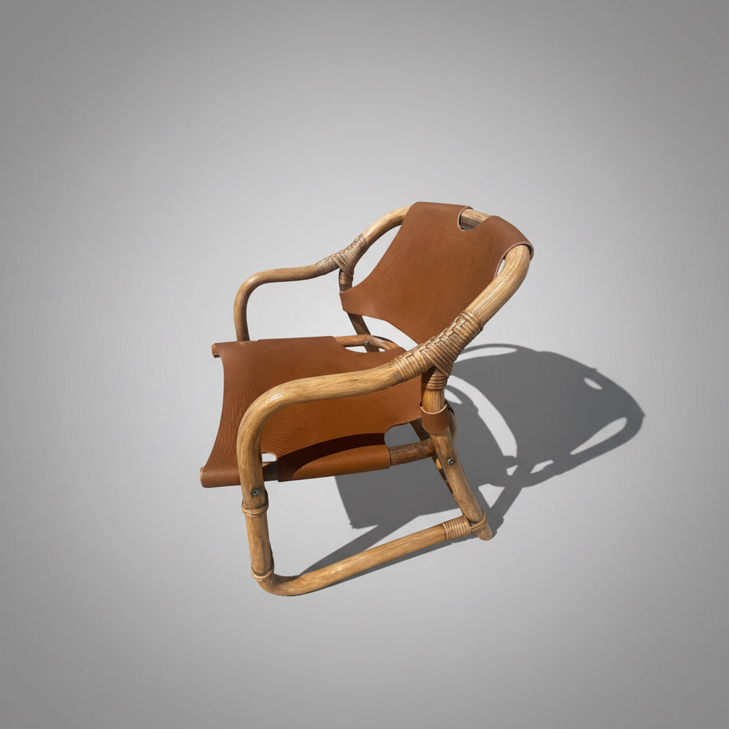 Fauteuil safari en bambou et cuir, Danemark, années 1960