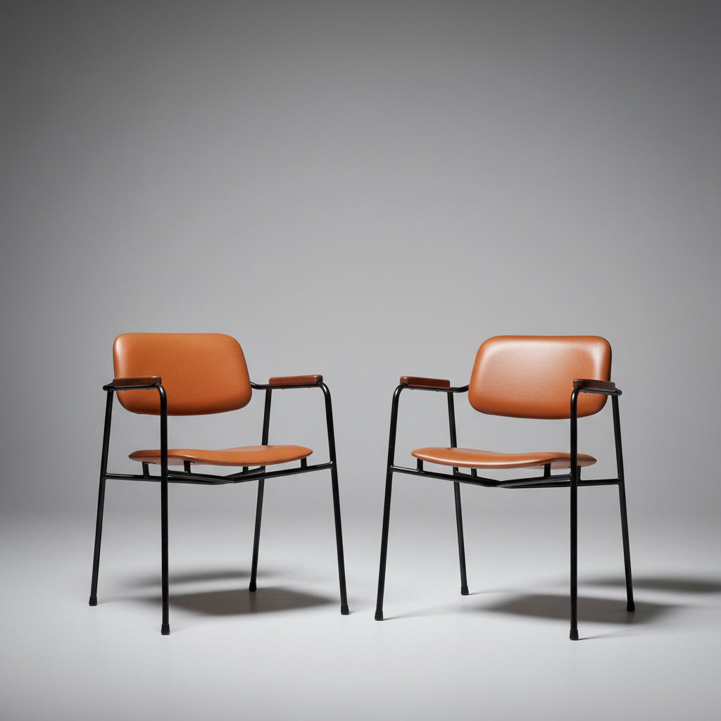Paire de Fauteuils en métal, chêne vintage dans le goût de Pierre Paulin 1950