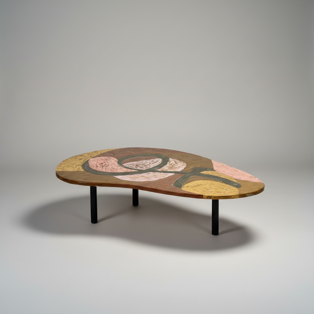 Table basse en résine scarifiée, pieds gainés de cuir marron, signée FDA, 1960