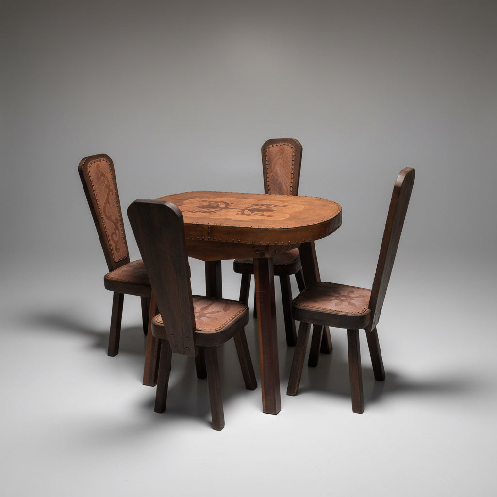 Table et Chaises de Salle à Manger Brutaliste en Cuir, 1960s, Set de 5